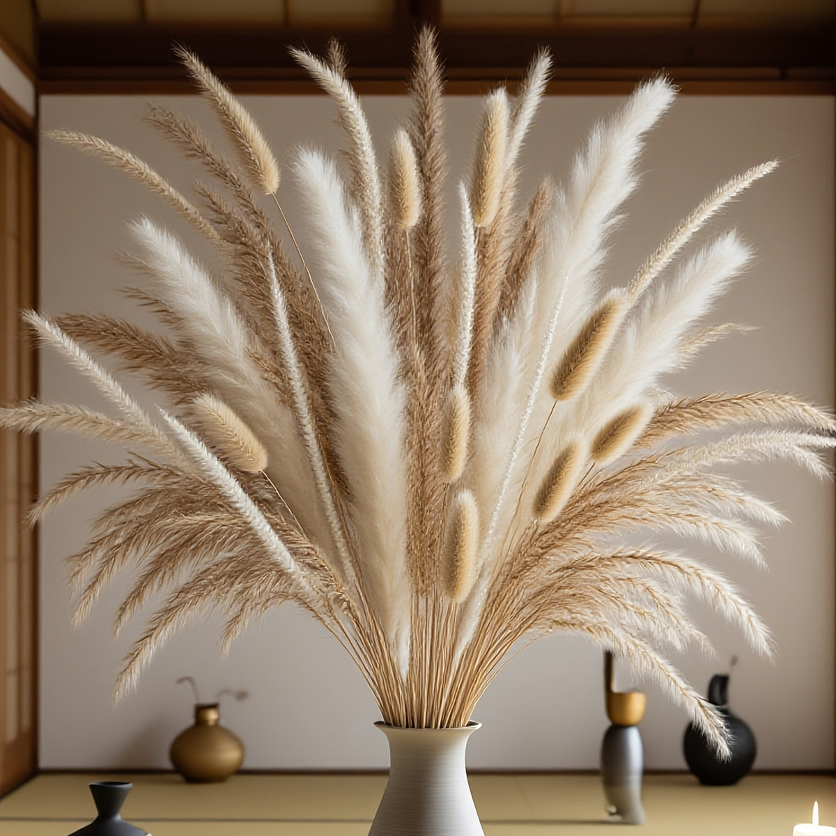 [Rustic Modern] 130pcs Pampas Grass Bouquet | Dried Flower Decor with Rye Grass for Wedding Welcome Sign Accents And Home Kitchen Island Decor