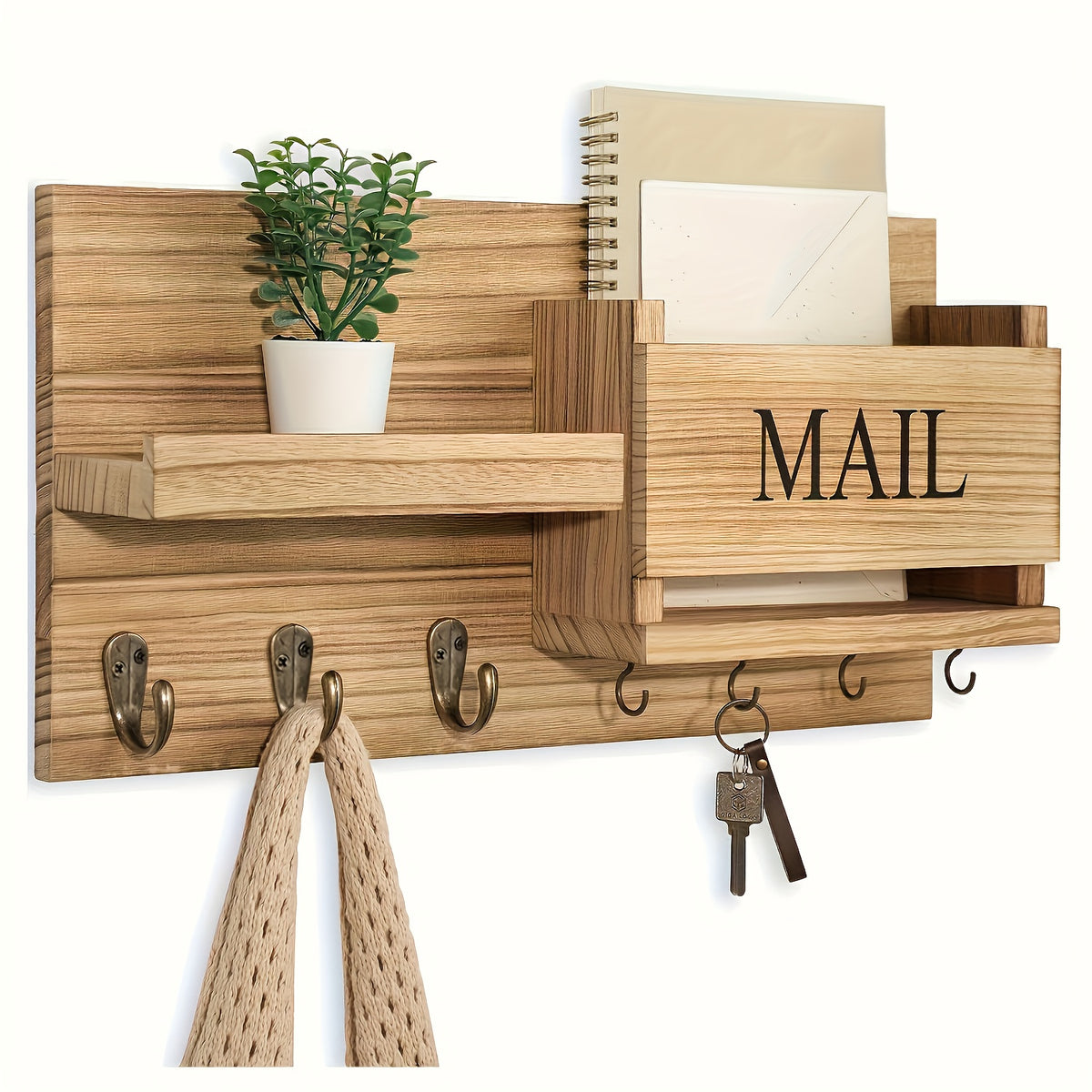 Rustic Wood Wall Mounted Storage Rack with Mailbox Slot - Door Handles And Decorative Hanging for Porch, Bedroom, Bathroom, Living Room with Multiple Hooks for Keys, Hats, Envelopes, Books, Floating Shelf