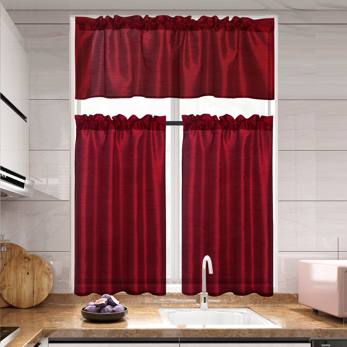 3 Panels Faux Silk Solid Color Sheer Kitchen Curtains Set Rod Pocket Design with 2 Tiers 26x36 inch Each and 1 Valance 52x14 inch for Kitchen Bathroom Privacy Drapes and curtains