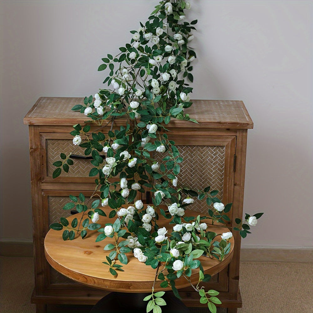 1 Double Pink Rose Vine - Artificial Garland with Richly Layered Petals, Soft Color Transitions, and a Design That Closely Mimics the Form of Real Roses. Paired with Lush Foliage, It Creates a Vibrant, Natural Vitality. Perfectly Blends into French