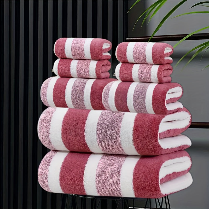 8pcs Lint-Free Super Absorbent Soft Five-Star Hotel Standard Two-Color Striped Spaced Bath Towel Set, Including 2 Large Bath Towels, 2 Medium Bath Towels And 4 Small Bath Towels, Wash Cloths