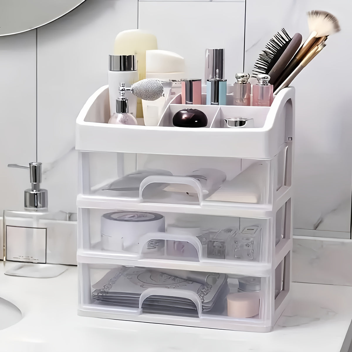 Large Capacity 4-Layer Plastic Cosmetic Storage Rack with 3 Pull-Out Drawers - Multi-Purpose Skincare, Medicine, Stationery Desktop Organizer - No Installation Pull-Out Shelf for Bathroom And Home Decor - Gift for Thanksgiving, Christmas, Halloween
