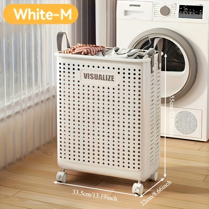 11/15/17.5 Gallon Foldable Laundry Basket with Wheels, Breathable Plastic Rolling Laundry Hamper with Faux Leather Handles, Space-Saving Clothes Storage Bin for Bathroom And Bedroom, Laundry Baskets