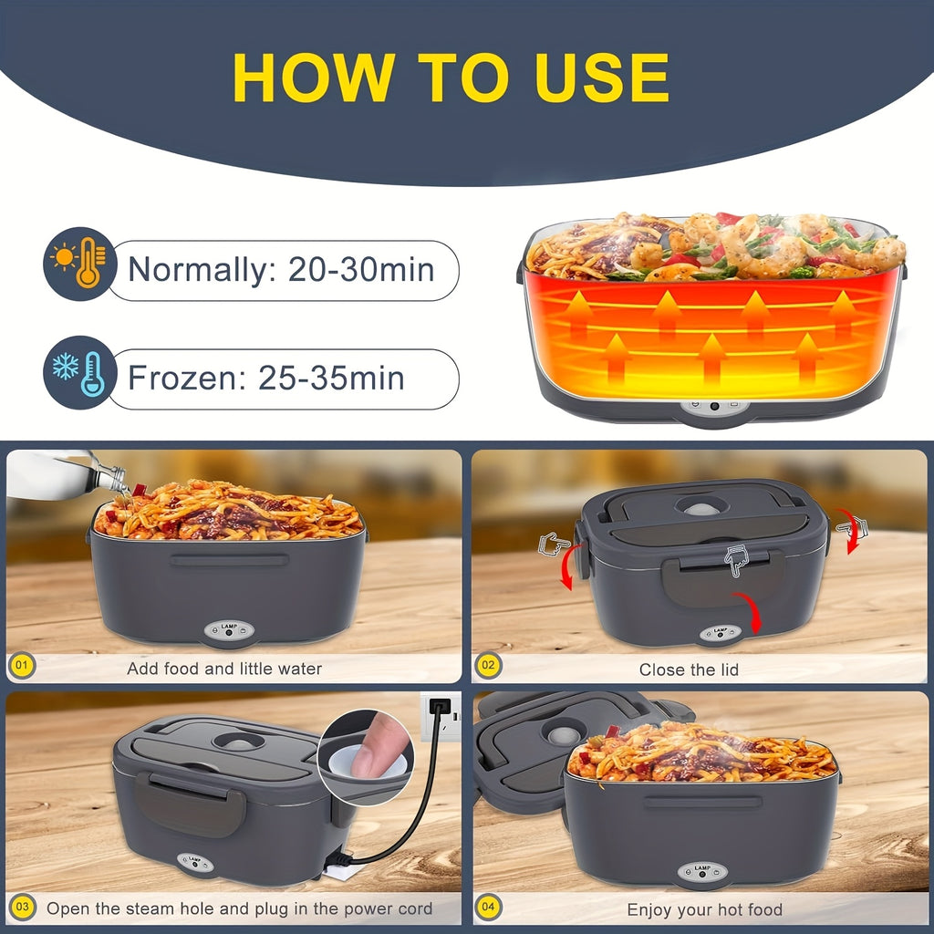 Lunch Box 50.72oz - 120V Home And 12V/24V Car Portable Food Warmer, Stainless Steel Heated Meal Container W/ Fork And Insulated Bag, for Truck Drivers, Office, Travel, Camping, College (Fast Heating)