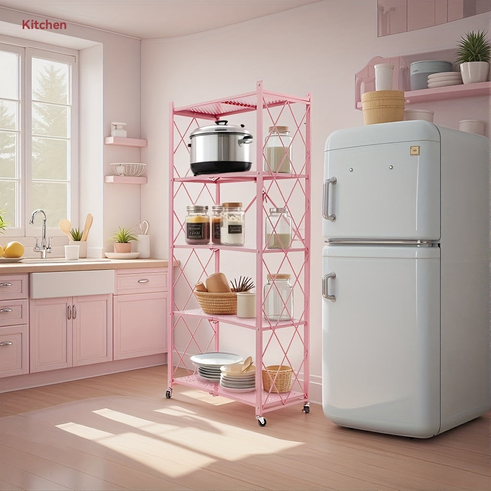 3/4/5- Tier Movable Vertical Multi-Functional Storage Racks, Portable Metal Folding Storage Racks with Locking Wheels, Large - Capacity Kitchenware Storage Racks That Require No Installation. Suitable for Families, College Dormitories