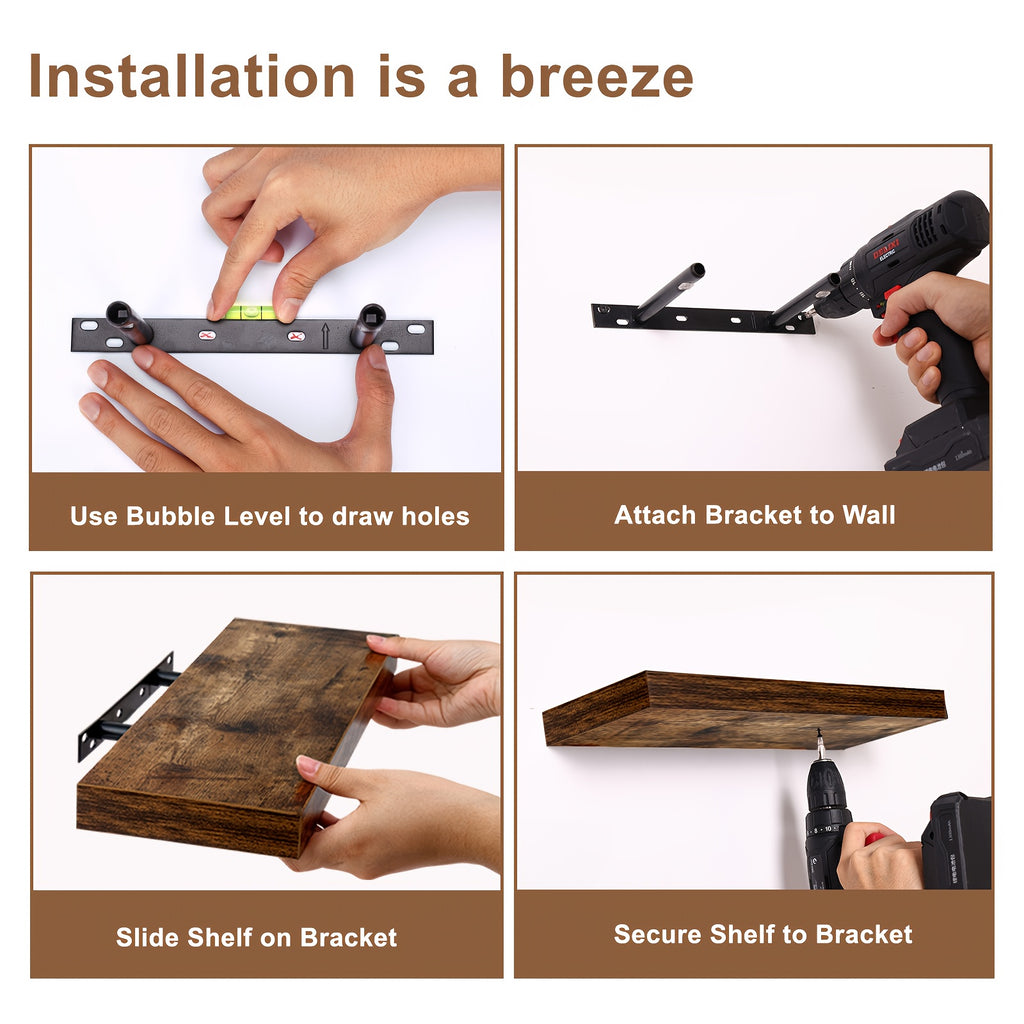 Rustic Finish Floating Shelves, 15.8 Inch Wall Display Set with Invisible Brackets in 4 or 8 Piece Options for Living Room, Bedroom and Home Decor