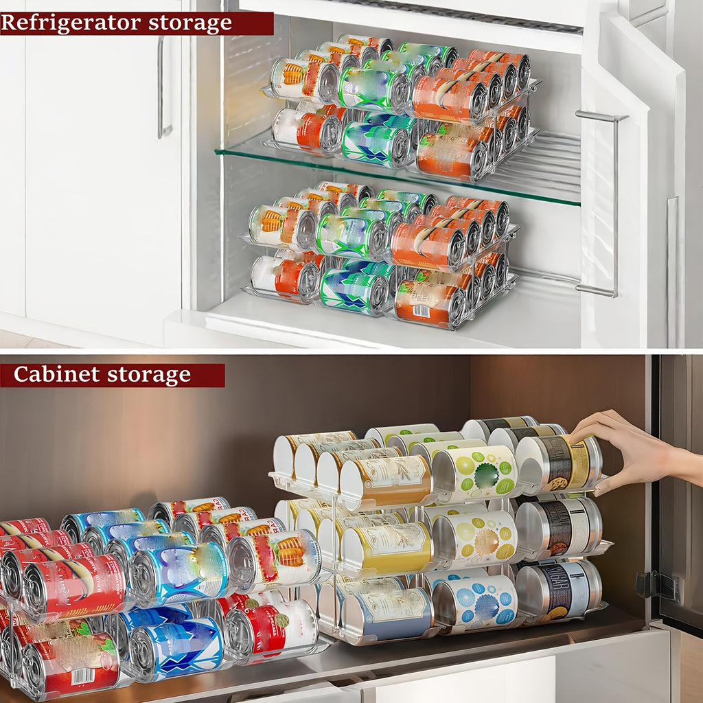 Pantry Can Storage Rack - Holds 36 Cans (3 Tiers/3pcs), Auto-Rolling Stackable Can Storage Rack - Transparent PET Material, Suitable for Soda, Soup, Vegetable Cans - Kitchen, Garage, Dorm Closet Organizer - Tool-Free Easy Assembly.