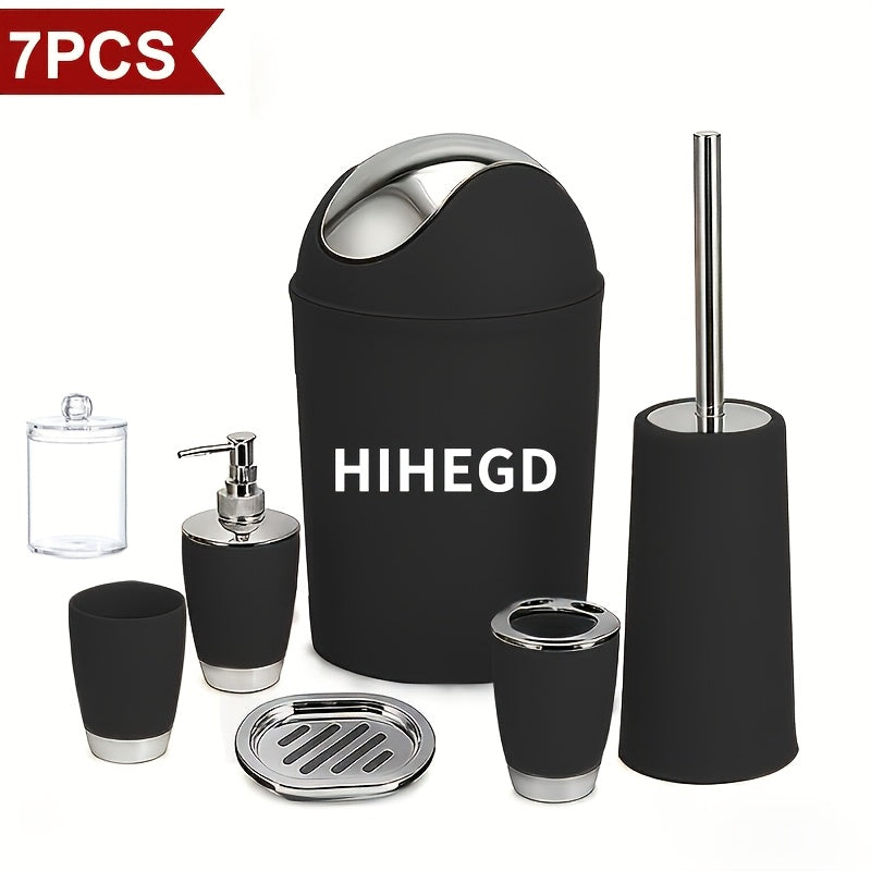 7pcs Luxury Bathroom Accessory Set - Premium Quality, Modern Style - Complete with Trash Can, Toilet Brush, Lotion Dispenser, Soap Dish, Mouthwash Cup & Toothbrush Holder - Space-Saving, Easy to Clean, Ideal for Bathroom Decor And Housewarming Gifts