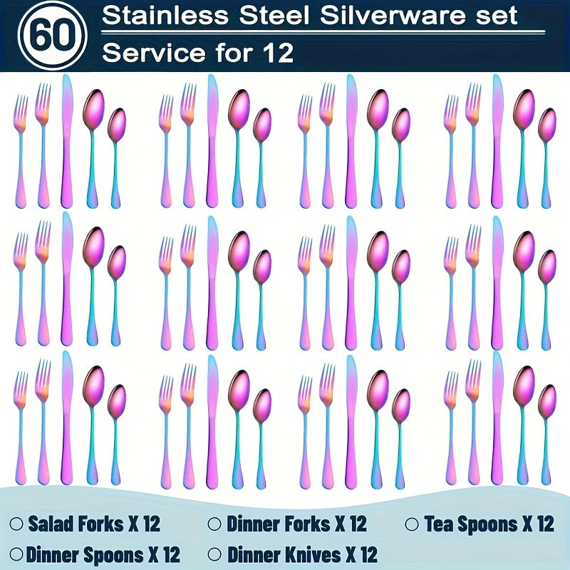 60/20pcs Stainless Steel Rainbow Cutlery Set - Sturdy Commercial Cutlery for Dining Establishments, Weddings & Home Use | Safe for Dishwashers, Rust-Resistant