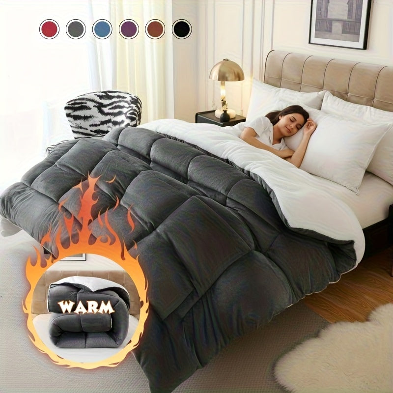 1pc Thick Soft Comforter Plush Flannel Sherpa Comforter, 500g Filling Ultra Breathable All Season Comforter Double-Sided, Box Stitch Solid Color Comforter For Bedroom, Warm For Autumn And Winter Comforter, Gift, Home Decor