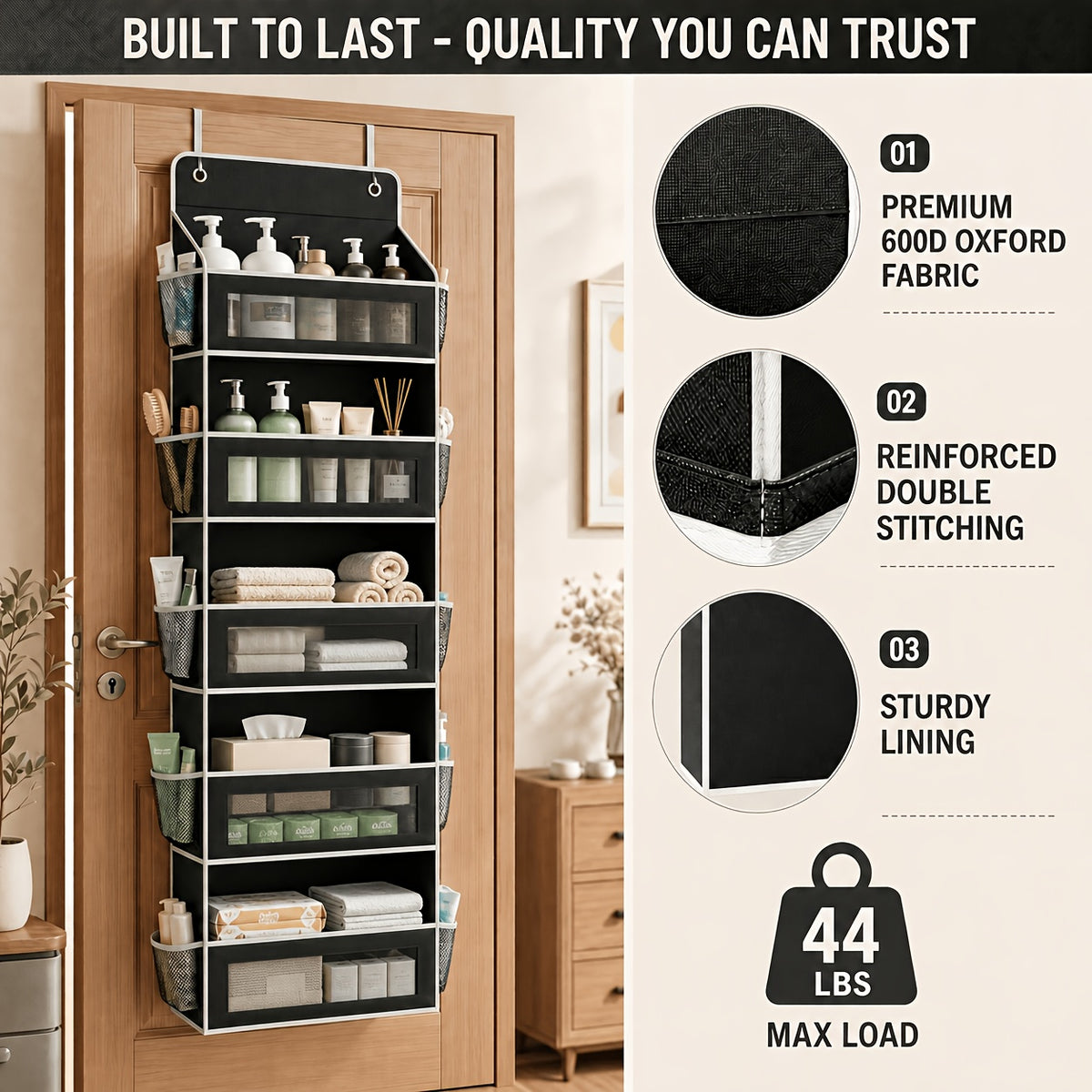 [5-Tier Storage Box] Door Storage Box, Hanging Door Storage Box with 5 Large Capacity Pockets | Anti-tilt 44 Pound Load Back Of Door Storage Box for Bedroom, Bathroom, Pantry, Room Storage And Collection Use Over The Door Pantry Organizer