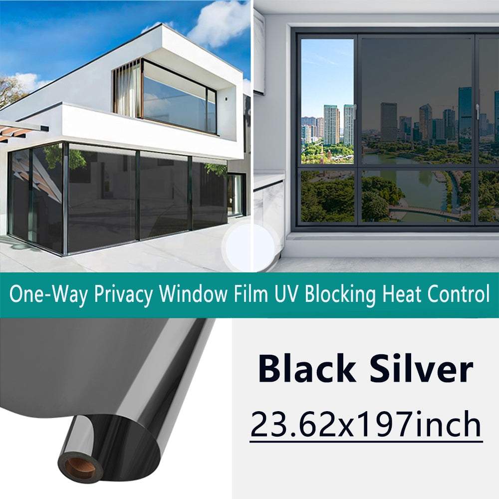 One-Way Privacy Window Film - Sun Blocking, Blocking & Heat Control Static Cling Film, Energy Saving Anti-Glare Reflective Coating No Glue- Easy Install For Home Office Hotel. Anti-Peeping | Glare Reduction Film | Reflective Glass Film(23.6''x118'')