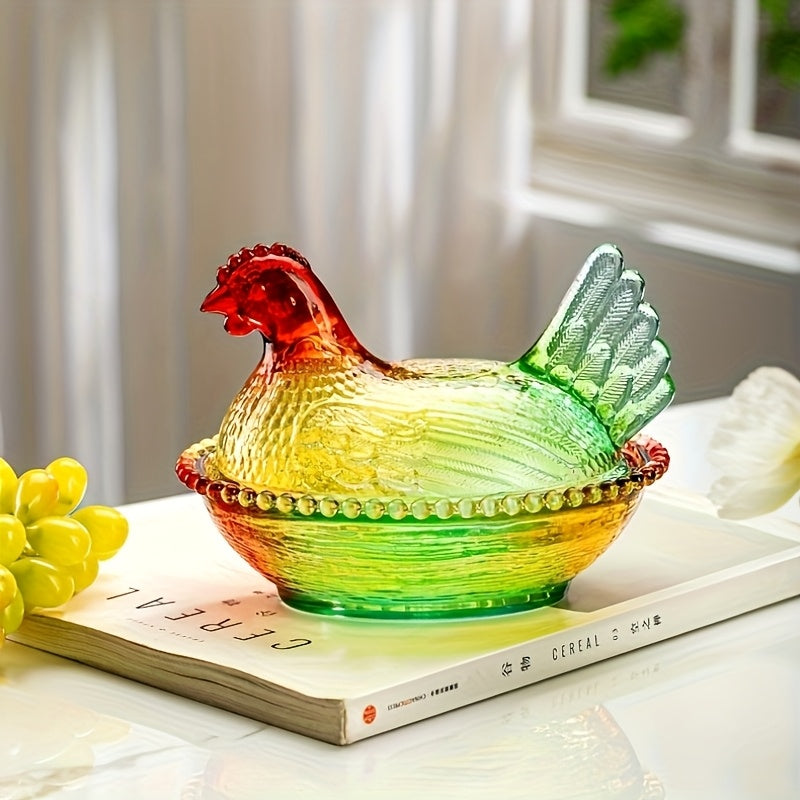 Glass Hen Candy Dish with Lid, Chicken Shaped Storage Jar in Orange, Colorful, Amber or Clear Options for Wrapped Treats, Jewelry and Table Decor