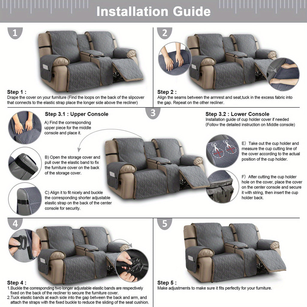 4pcs/set Loveseat Recliner Cover with CenterConsole|100% Waterproof Pet Coverfor Dual Recliner with Straps Design|Split Reclining Loveseat Cover Furniture Pet Protector, Valentine's Day Home Decorations