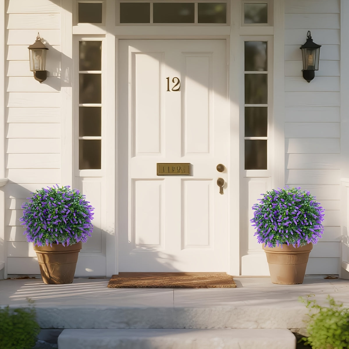 2 Pack Artificial Plants for Outdoor Front Porch Decor, Artificial Lavender Topiary Ball Trees with Ground Spike, UV Resistant Faux Cedar Shrubs Evergreen Plants for Indoor Outdoor Front Porch Garden Backyard Decor