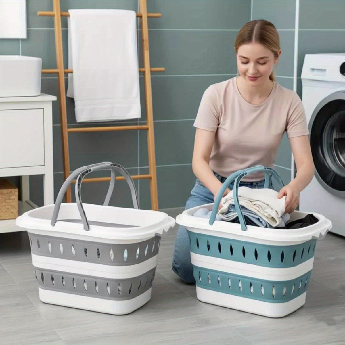 Foldable Plastic Laundry Basket with Handles, Collapsible Laundry Hamper, Space-Saving Dirty Clothes Storage Organizer Bin, Portable Storage Basket for Bedroom Closet Bathroom, College Dorm Room Essentials, Apartment Must-Haves, Laundry Baskets