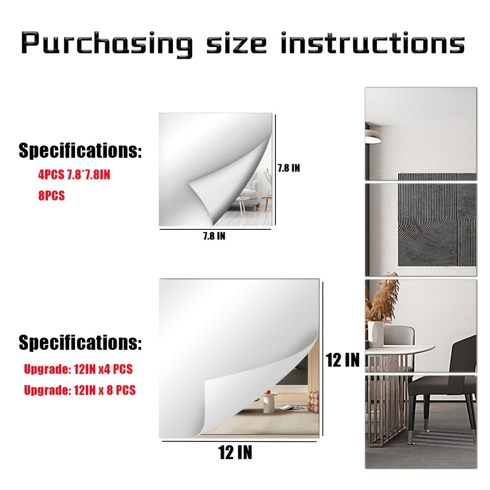Self Adhesive Mirror Tiles, Frameless Acrylic Stick-On Squares in 4 or 8 Piece Sets for Bedroom, Living Room and DIY Wall Decor