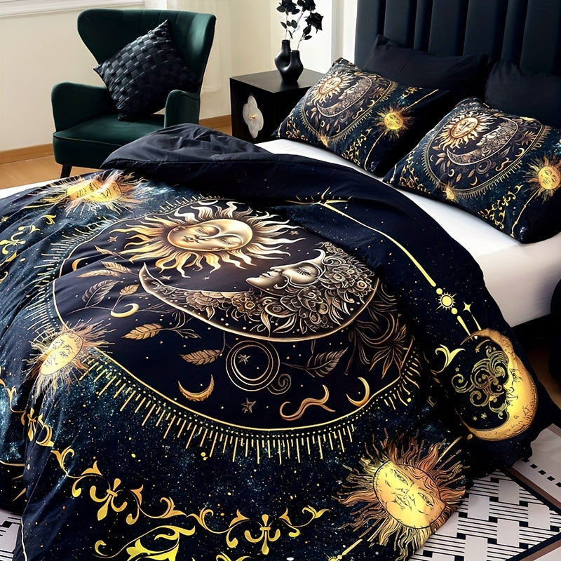 3-Piece Ultra-Soft Breathable Golden Sun Moon Planet Duvet Cover Set (1 Duvet Cover + 2 Pillowcases, Pillow Inserts Not Included), High-Definition Digital Print for Home and Dormitory Use