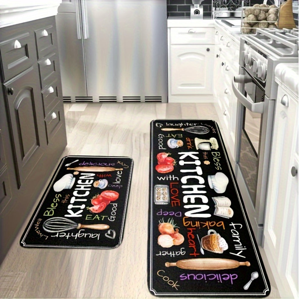 Bless This Kitchen Floor Mat Set, 3-Piece Black Decorative Rugs with Colorful Utensil and Food Print for Sink Areas, Cooking Spaces and Home Decor