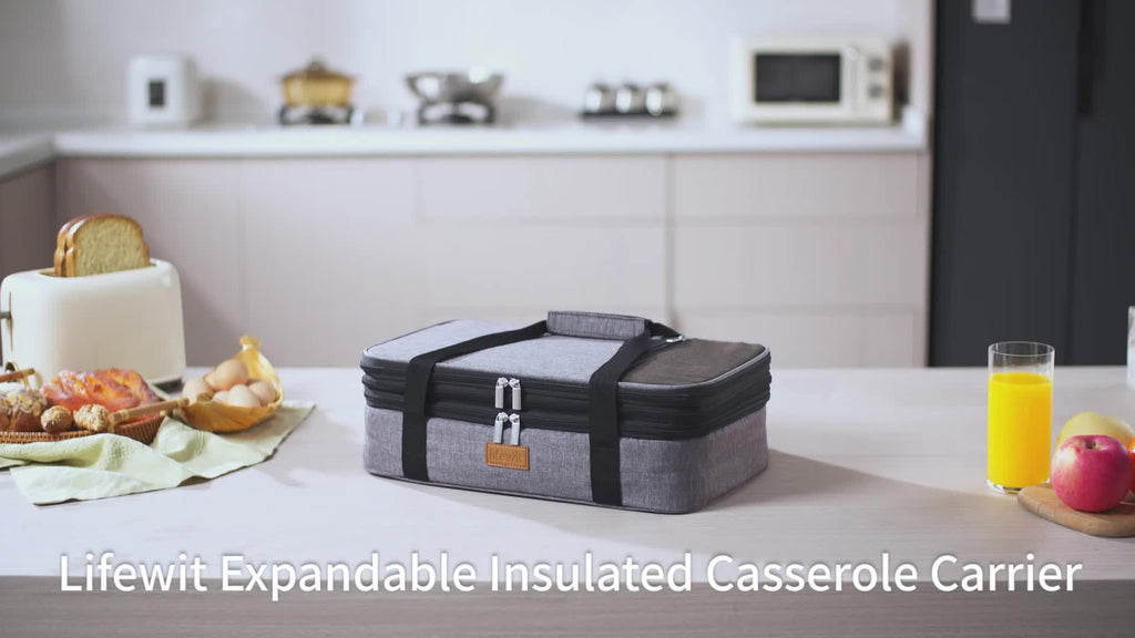 Expandable Insulated Casserole Carrier Suitable for Hot/Cold Food - Double Decker Tote with Rectangular PET Thermal Bag, Fits 9"x13" Baking Dish for Lasagna, Potlucks, Picnic, Christmas & Valentine's Gift for Cookouts, Parties