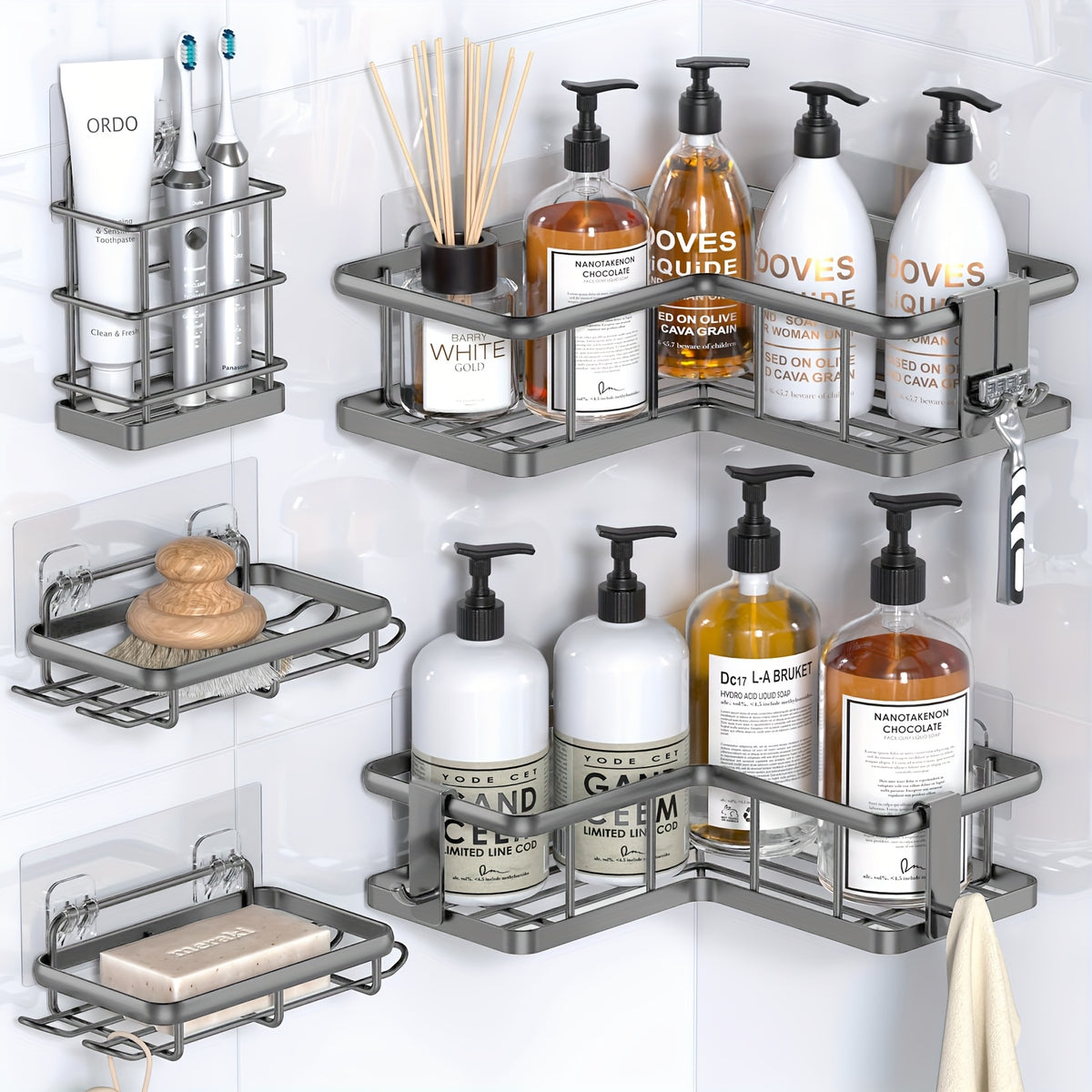 Corner Shower Caddy, 5-Pack Shower Organizer Corner With Soap Holder And 4 Removable Hooks, Rustproof Corner Shower Shelves, No Drilling Shower Shelf For Inside Shower, Random Color Properties To Choose, Shower Caddies