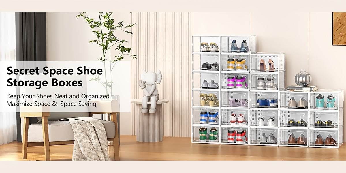 12 Pack XX Large Shoe Organizer Storage Boxes for Closet, Modular Space Saving Shoe Boxes Clear Plastic Stackable Sneaker Containers Display Case with Lids, Black02