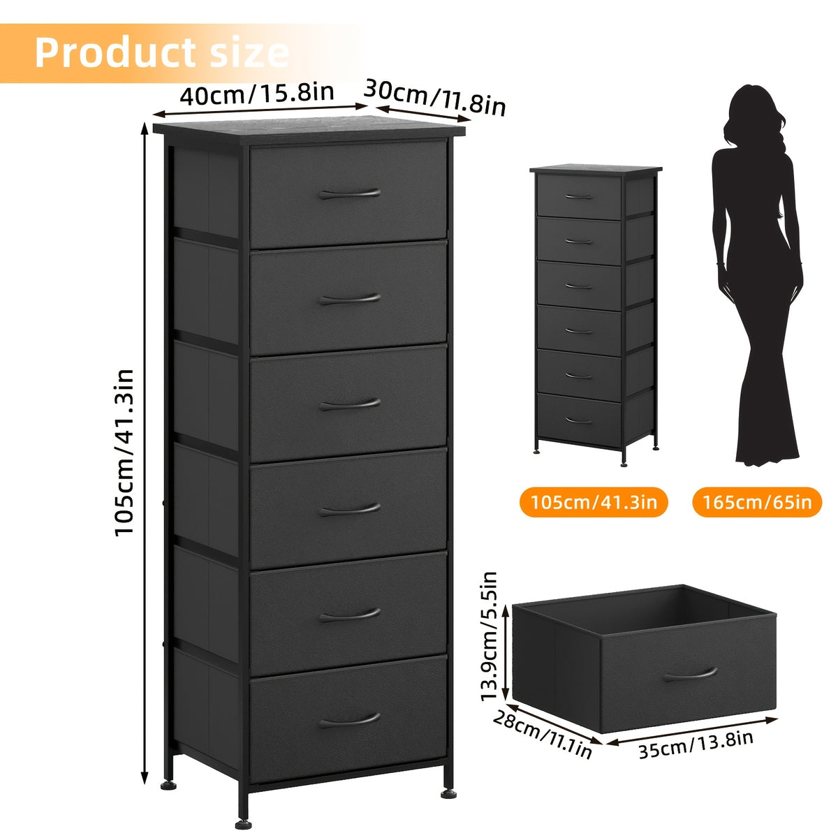 WHONLINE Tall Dresser, 41/47In Storage Dresser Organizer with 6/7 Fabric Drawers for Bedroom, Nightstand Furniture in Closet, Entryway, Closet Systems, Clothing And Closet Storage, for School Storage, Home Decor, for Back to School