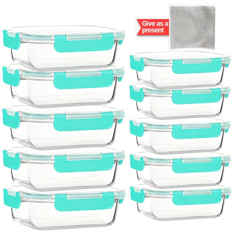 Set of 10 Glass Containers with Lids for Storage, Ideal for Meal Preparation And Pantry Organization. These Lunch Containers Are Leak-Proof And Airtight, Suitable for Use in The Microwave, Oven, Refrigerator, And Dishwasher