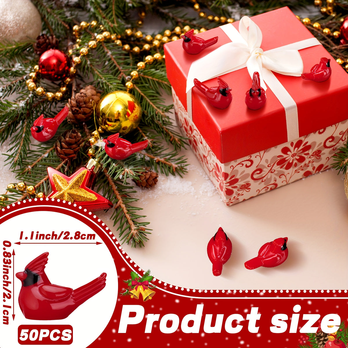 50pcs Mini Resin Red Cardinal Bird Figurines Suitable for Christmas Ornaments, Cake Toppers, Miniature Garden Decorations - Tiny Realistic Cardinals for Xmas Crafts, Table Centerpieces, Wreaths, Tree Decor - Resin Craft Figures, Christmas Decor