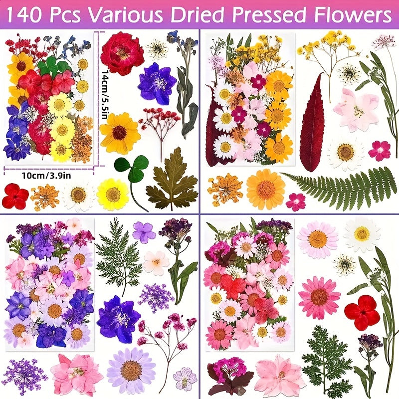 140pcs Vibrant Dried Flowers and Leaves Set - Nature-Inspired Decoration Kit for DIY Crafts, Resin Jewelry, Scrapbooking and More
