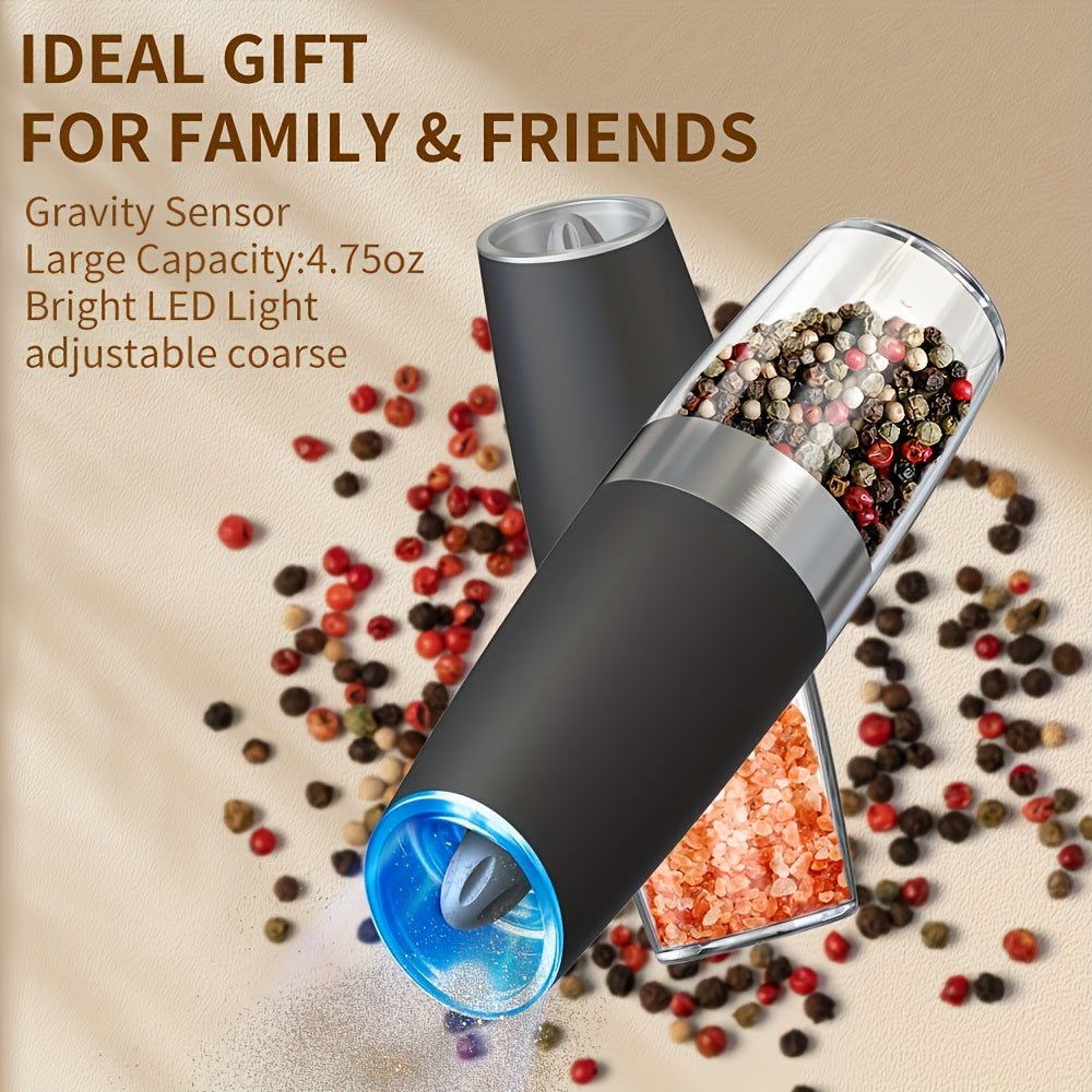1pc/2pcs Electric Salt and Pepper Mill with Tilt Grinding, Pepper Grinder Suitable, Large Capacity ABS Mills, Adjustable Coarseness, One-Hand Operation & LED Light, Holiday Gifts for, Christmas
