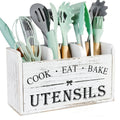 Kitchen Utensil Caddy with Handles, Rustic Wooden Three-Compartment Organizer in White or Black for Countertop or Wall-Mounted Cooking Tool Storage