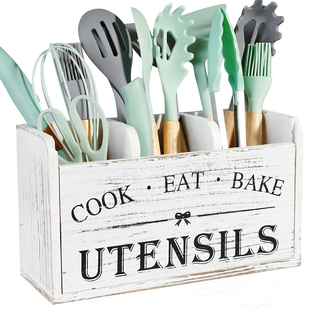 1pc of a Spacious Rustic Wooden Organizer for Kitchen Utensils, Featuring a Handle And Three Compartments. It Can Be Placed on The Countertop Or Mounted on The Wall, Making It Ideal for Storing Cooking, Dining, And Baking Tools