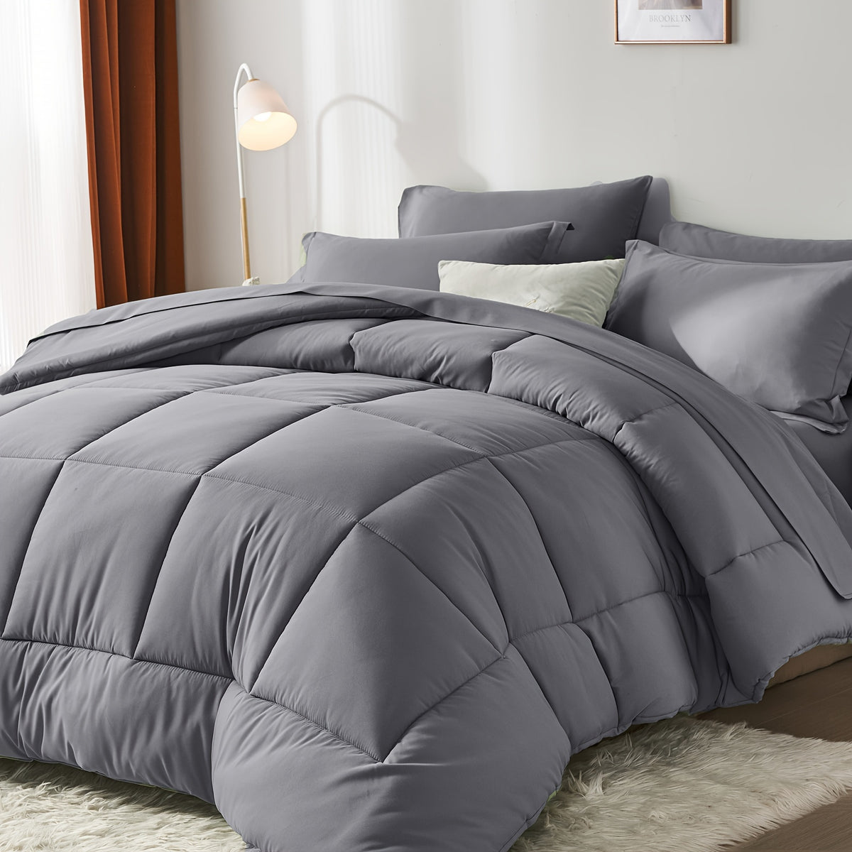 5/7pcs Luxurious Checkered Comforter Sets Queen-Breathable Comforter-Ultra-Soft Fluffy Fiber Filling, Warmth For All Seasons-Bed In A Bag With Comforter, Flat Sheet, Fitted Sheet, Pillowcases, And Pillowshams, Thick Comforter Set, Family Gift Set