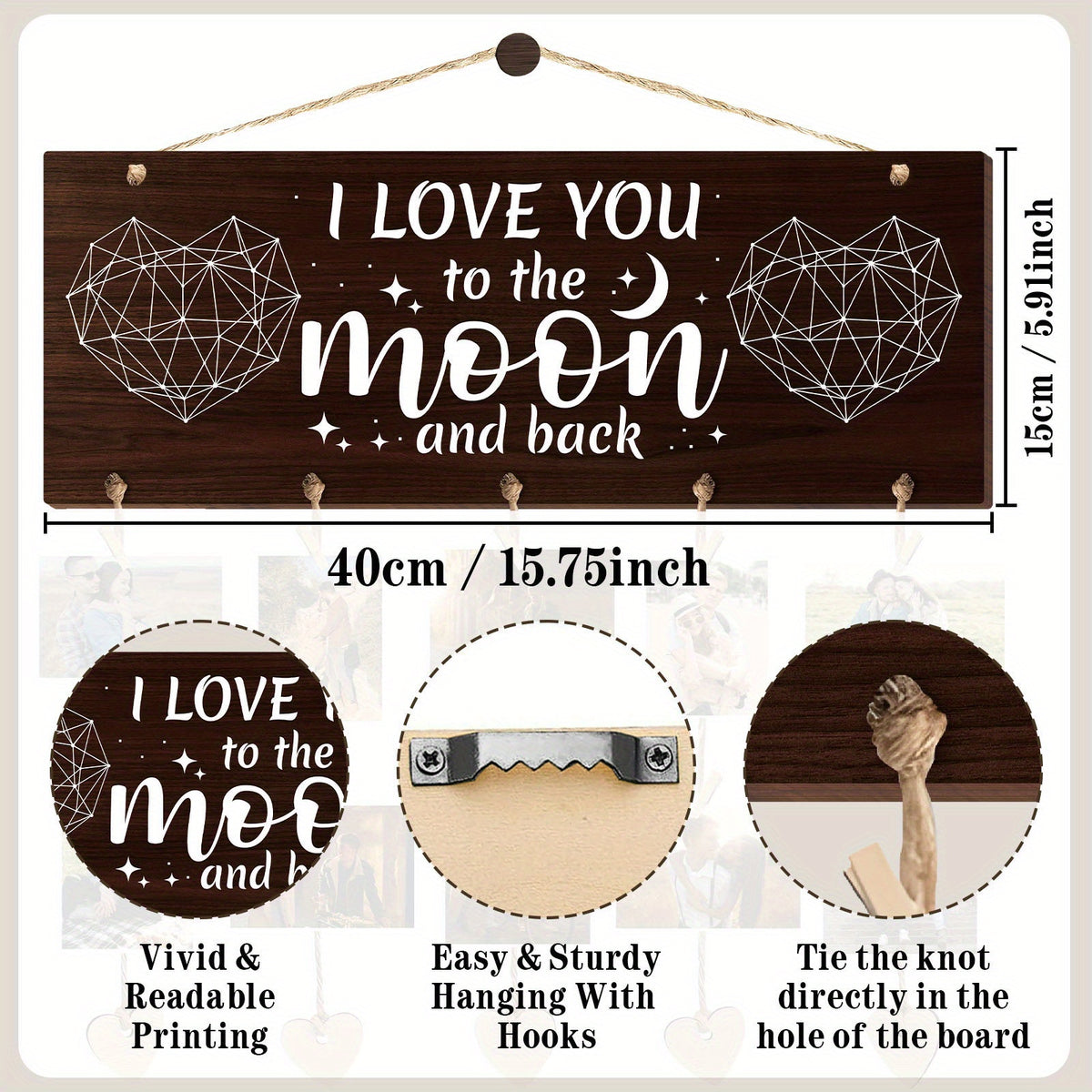 1 Set Wooden Hanging Photo Frames, I Love You to The Moon And Back Picture Holder - Gifts for Him Boyfriend, Her Girlfriend And Wife Husband, Romantic Picture Frame Gifts of Couples for Wedding, Anniversary, Valentine'S Day, Christmas Gifts