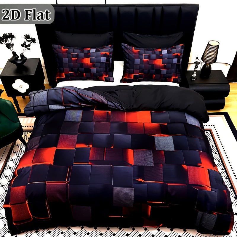 2D Flat 3pcs Cool Technology Digital Printing Material Quilt Cover Set Four Seasons Product, Red And Blue, Four Sizes (Twin, Full, Queen, King) (1pc Quilt Cover And 1/2pcs Pillowcases, Without Filling)