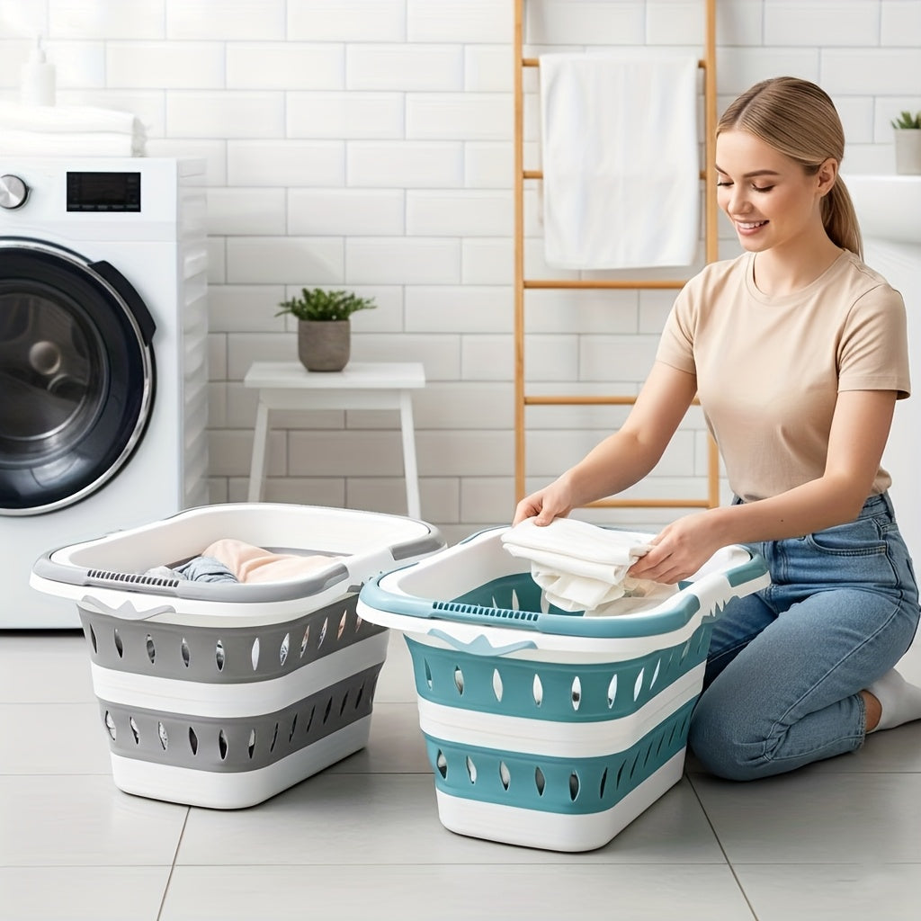 Foldable Plastic Laundry Basket with Handles, Collapsible Laundry Hamper, Space-Saving Dirty Clothes Storage Organizer Bin, Portable Storage Basket for Bedroom Closet Bathroom, College Dorm Room Essentials, Apartment Must-Haves, Laundry Baskets