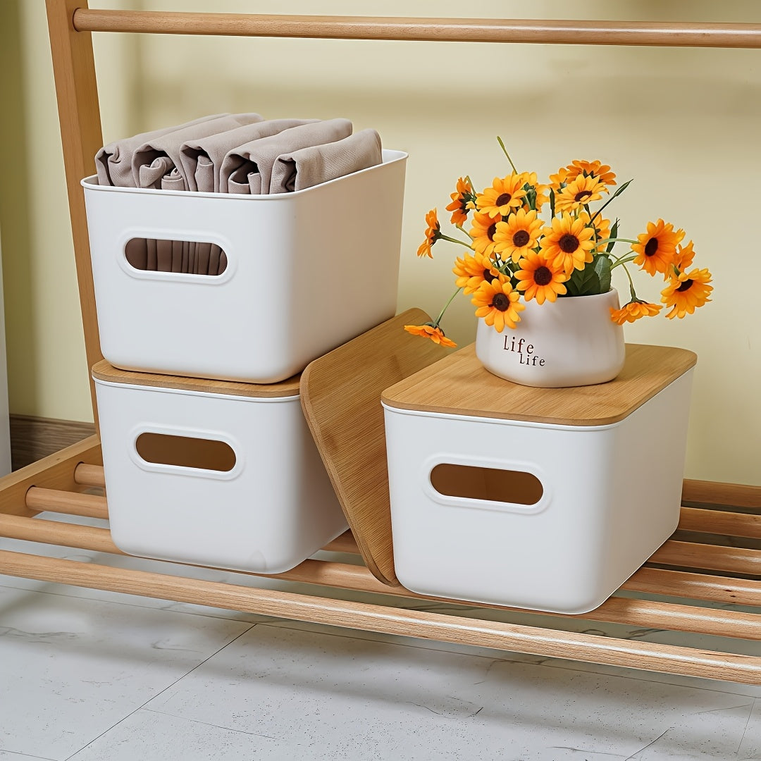 8/4/2/1pc Storage Bins with Woods Lids Plastic Storage Containers for Organizing Stackable Storage Box with Handle, Medicine Cabinet Organizer, for Bookshelf, Storage Organizer for Home, Office, Desktop, Playroom, Classroom, White