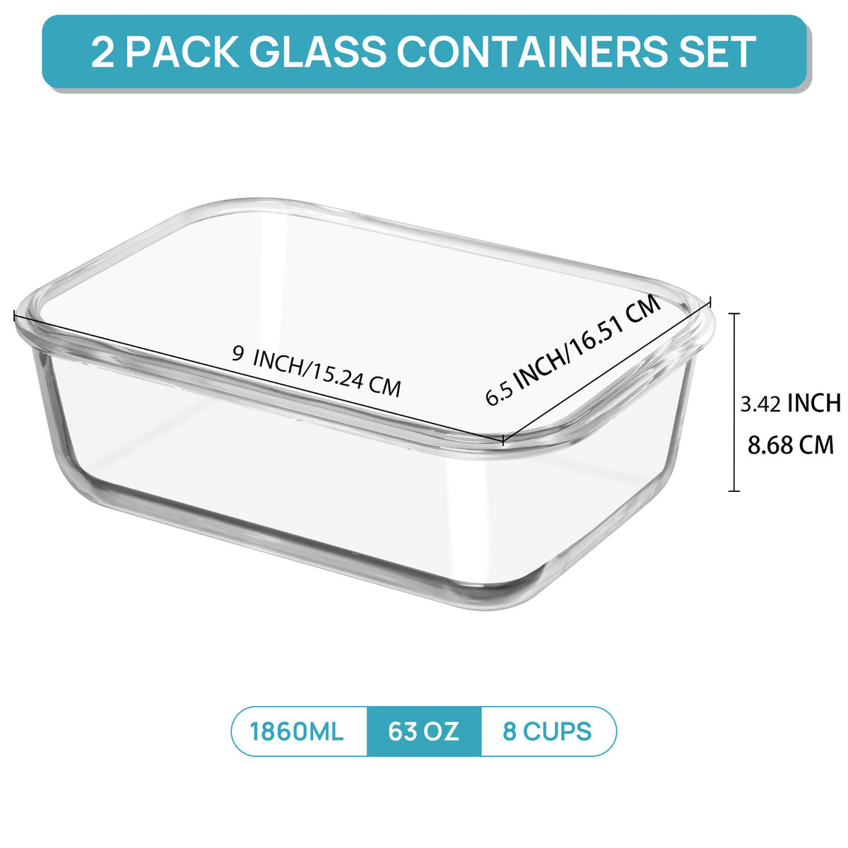 2Pack 1860ml/ 63oz Large Glass Storage Containers With Lids, Baking Container With Snap Airtight Lids For Microwave, Oven, Meal Prep Food Container Set, Leak Proof, For Freezer, Dishwasher