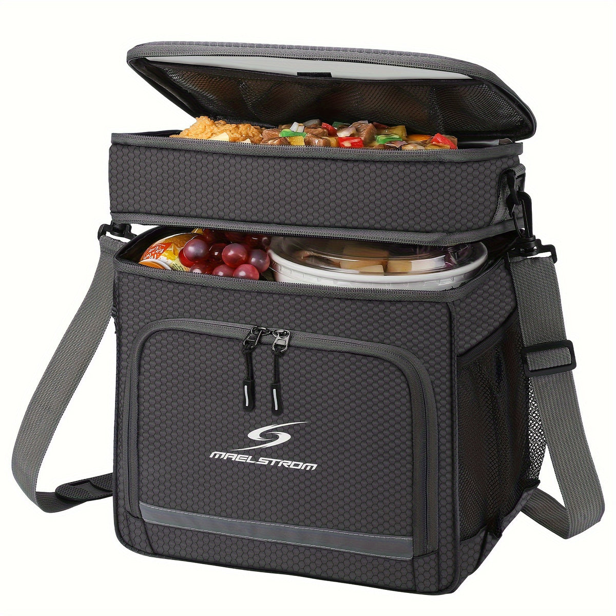 Multi Compartment Insulated Lunch Bag, Double or Three Layer Cooler Tote with Front Pocket and Side Mesh Pockets for Work Meals, Picnics and Travel