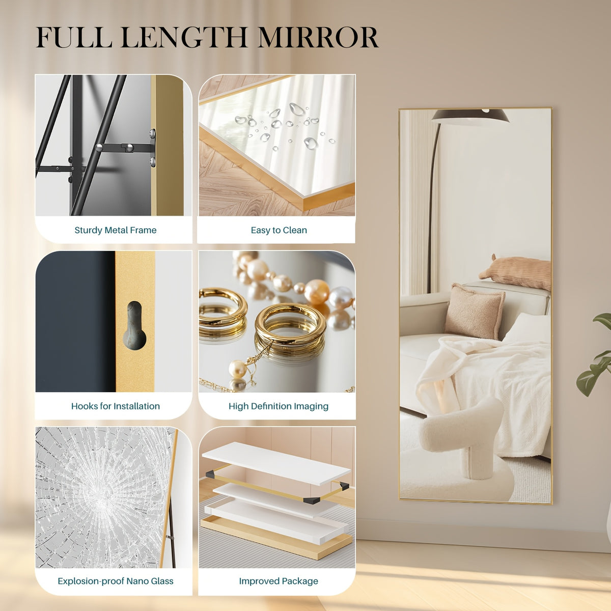 Full Length Floor Mirror, Shatterproof Tempered Glass & Metal Frame, Free Standing or Leaning Dressing Mirror, Circle Vanity Mirrors in Various Sizes Suitable for Home Decor, Bathroom Bedroom Living Room Entryway, Hanging or Leaning