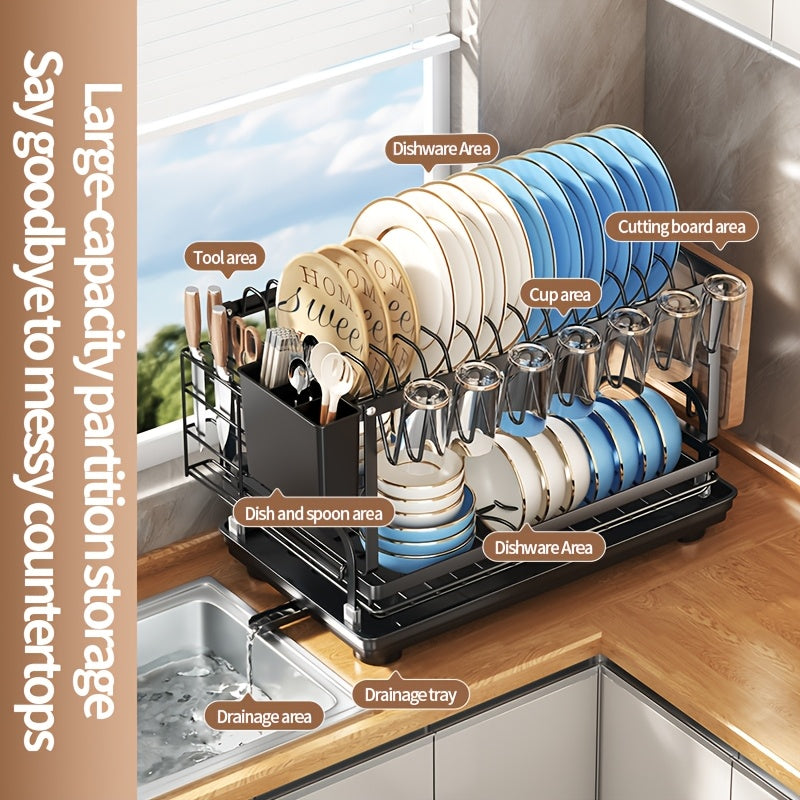 Two-tier Metal Kitchen Countertop Dish Rack Is Space-saving And Durable. It Comes with A Knife And Fork Holder, A Cup Rack, A Cutting Board Holder, And A Rust-proof Draining Tray. It Organizes Your Tableware And Helps Keep Your Kitchen Neat And Tidy.