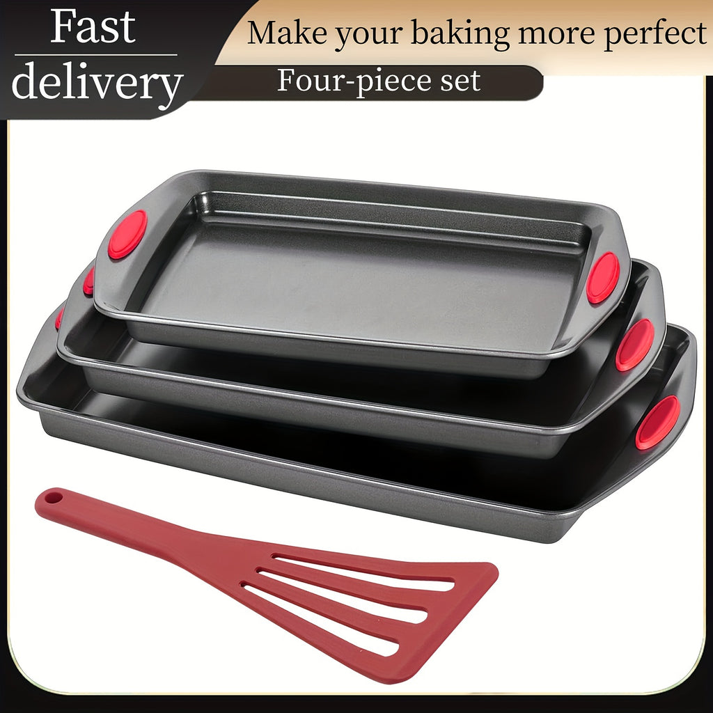 3-4pcs Non-stick Kitchen Oven Baking Pan - High Quality Stylish Non-stick Steel, Commercial Grade Restaurant Quality Metal Baking Pan Including Large, Medium And Small Pans For Baking And Baking With Red Silicone Handles - Easy To Clean, Black