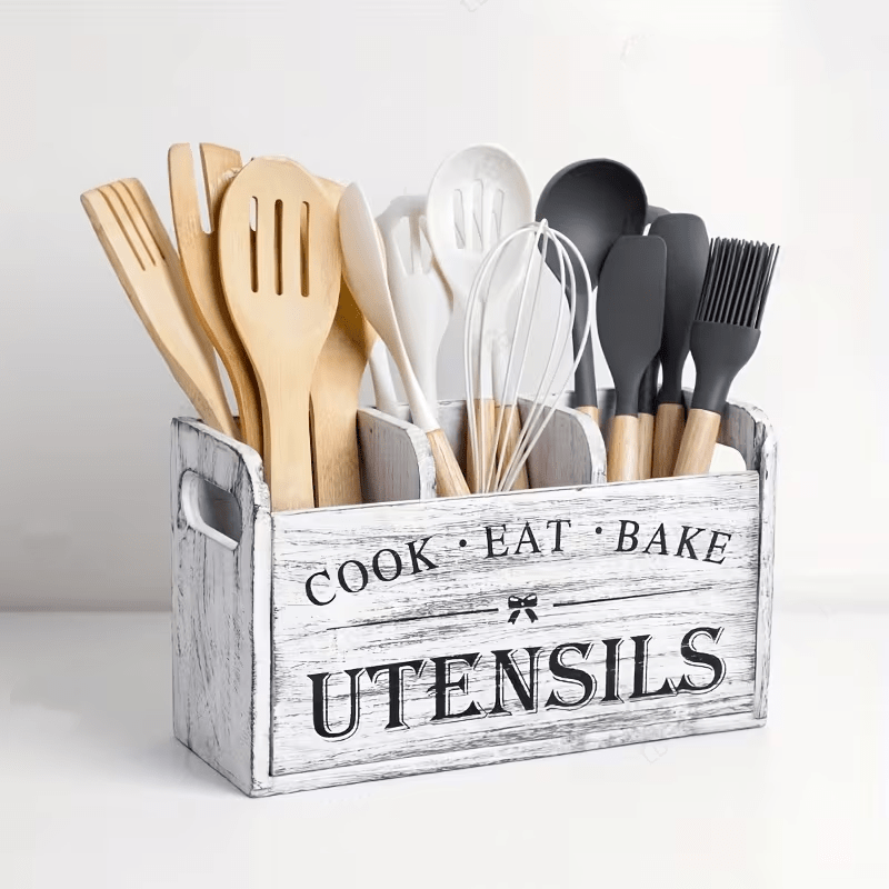 LDQ 3-Compartment Extra Large Rustic Wooden Utensil Organizer, Storage Boxes, Countertop & Wall-Mounted Organizer for For Cooking/Baking Tools, More-Space-Saving Multi-Use Storage for Kitchen & Pantry, Kitchen Organizers, Baskets, Bins & Containers