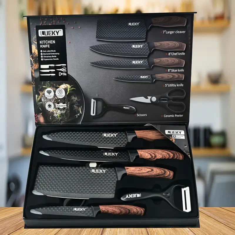 Professional Forged Stainless Steel Kitchen Knife Set(7pcs/6pcs)- Includes a Boning Knife, Slicing Knife, Carving Knife, Fish Knife, Butcher Knife, and Scissors. Suitable for Meat and Fish; Ultra-sharp and Durable Knives.