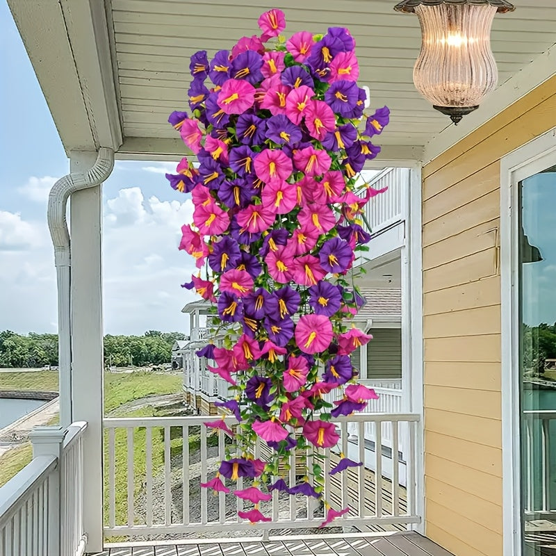 4 Bundles Artificial Flowers, Outdoors Decoration, Hanging Morning Glory, Colorful Outdoor Artificial Flowers UV Resistant Fake Flowers Greenery Shrubs Plants for Front Porch Window Box Hanging Garden Home, for Thanksgiving, Christmas, Mother'S Day
