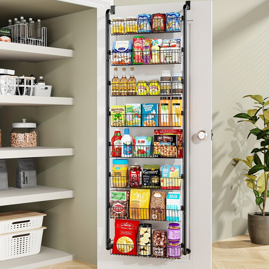Pantry Door Storage Organizer, 6 or 8 Tier Metal Basket Rack in Black or White for Spices, Snacks, Kitchen Essentials, Laundry and Bathroom Supplies
