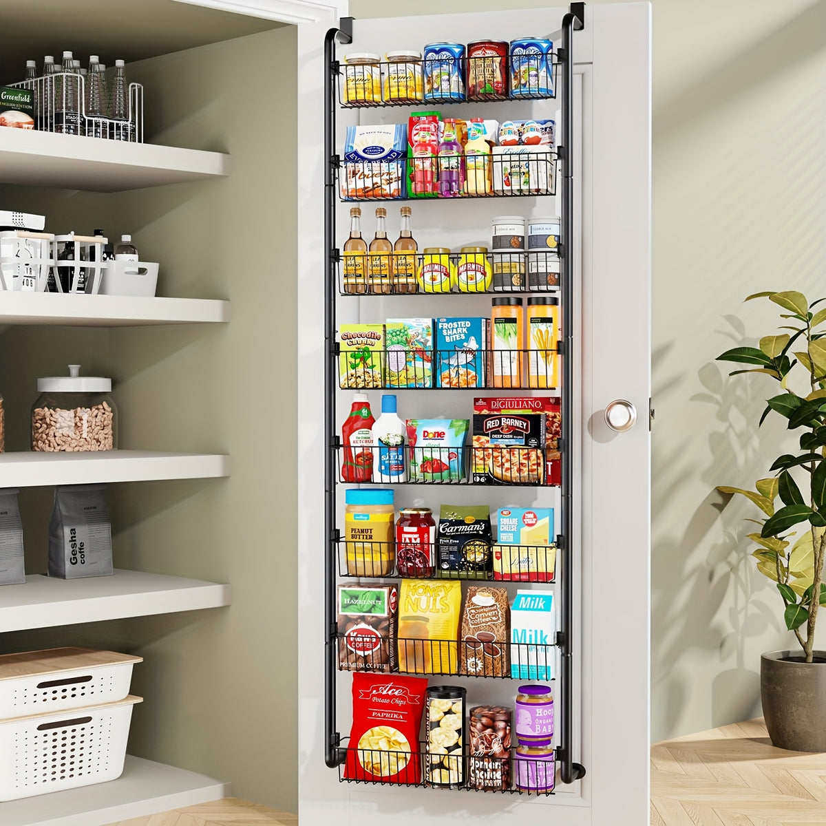 Pantry Door Storage Organizer, 6 or 8 Tier Metal Basket Rack in Black or White for Spices, Snacks, Kitchen Essentials, Laundry and Bathroom Supplies