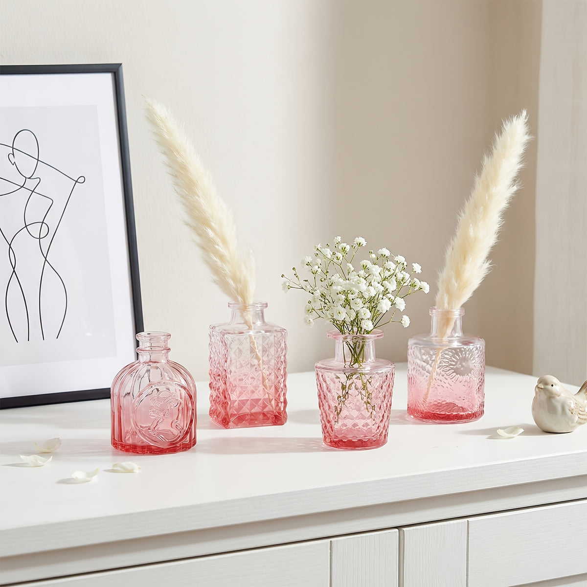 12/36pcs Pink Glass Bud Vase | Vintage Carved Glass Teardrop Vases for Wedding Decoration, Home Table Flower Arrangements, Bridal Shower & Party Favors
