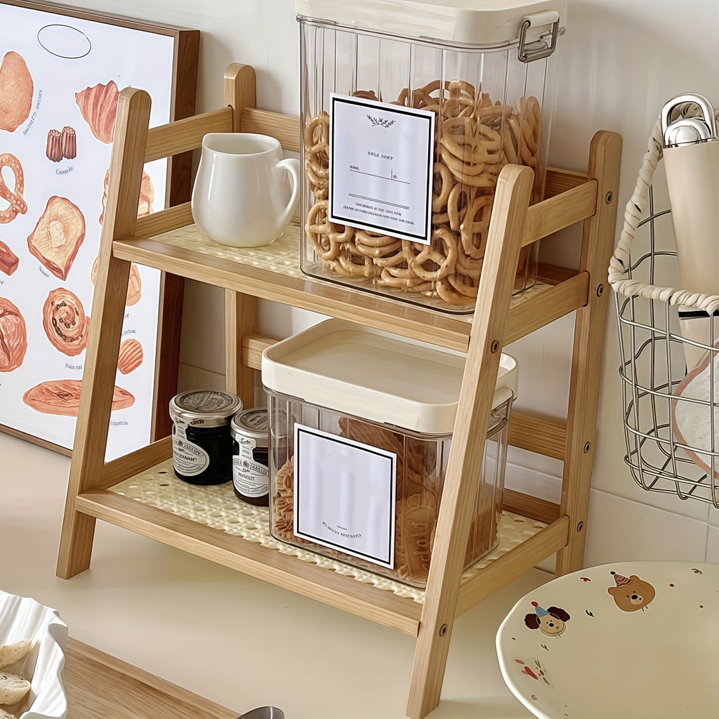 Bamboo Countertop Shelf Organizer, 2-Tier Trapezoid Storage Rack with Plastic Rattan Shelves for Coffee Mugs, Kitchen Essentials, Desks and Dorm Rooms